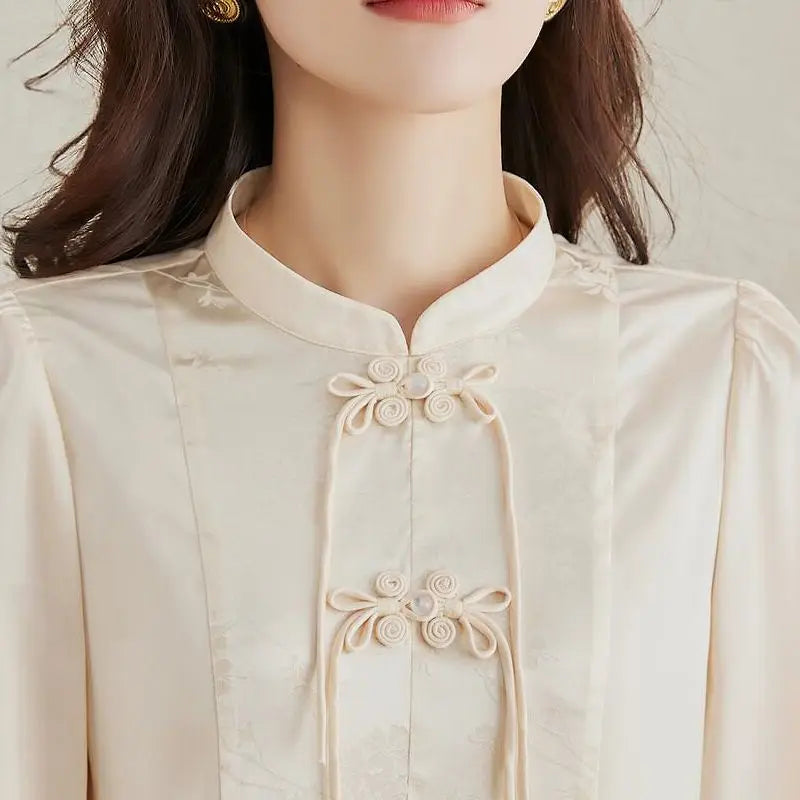 Early Spring Tops for Women Shirts for Spring Wear 2025 New French Temperament New Chinese Puff Sleeve Cardigan