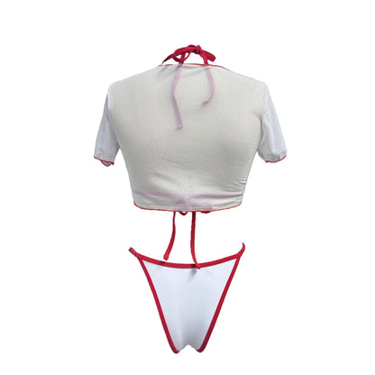 XS - L Cherry Printed Short Sleeve Bikini Female Swimsuit Women Swimwear Three-pieces Bikini set Bather Bathing Suit Swim V6854