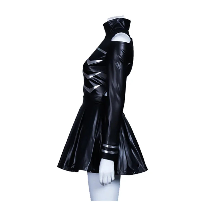 EtherealBe black faux leather high collar dress with cutouts and metallic stripes women's cosplay costume on mannequin