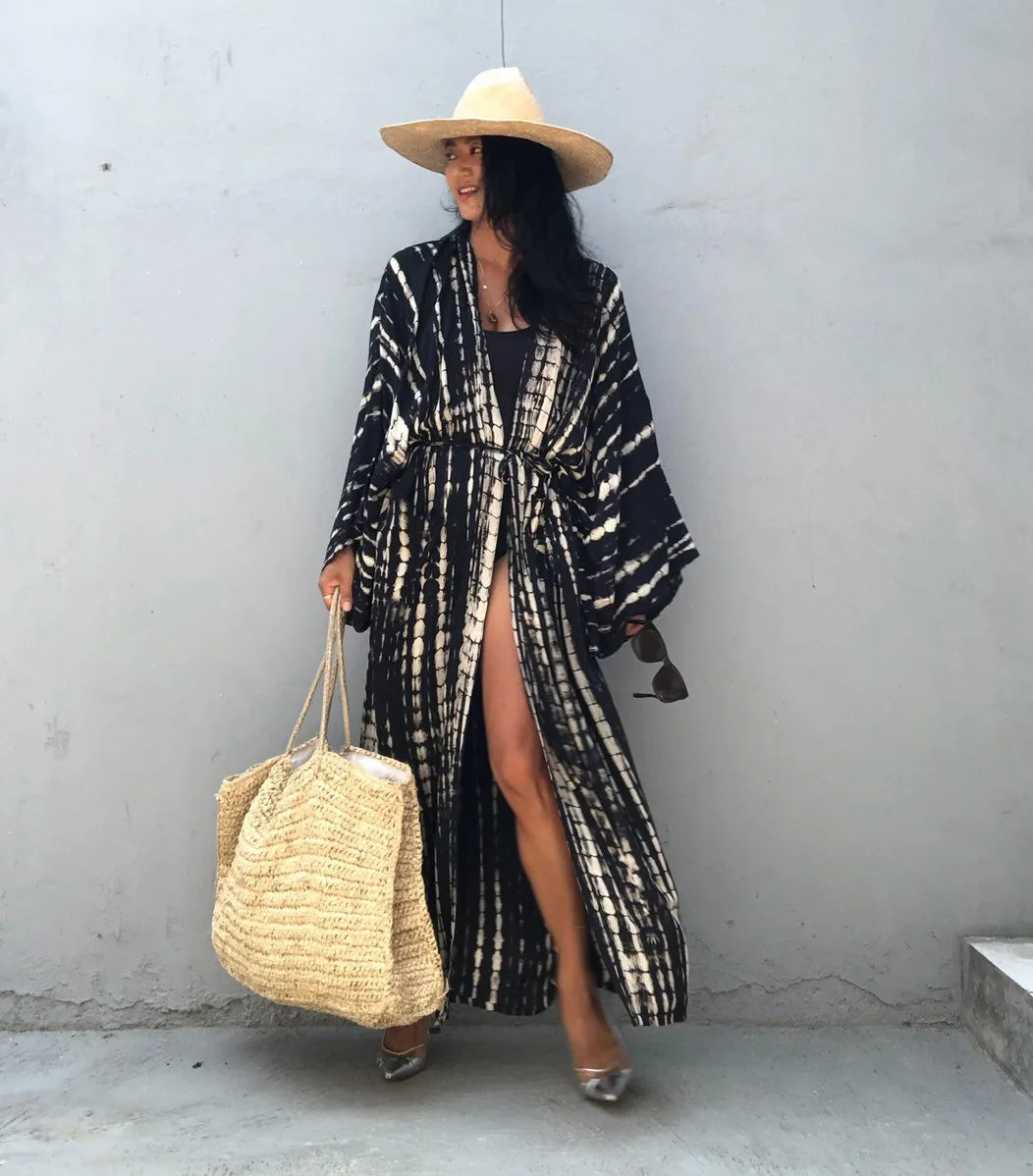 2023 Women's Boho Stripe Tie Dye Swimsuit Cover Up with Belt Tunic Sarong Cardigan Dress Bikini Cover-ups Beach Wear Kimono