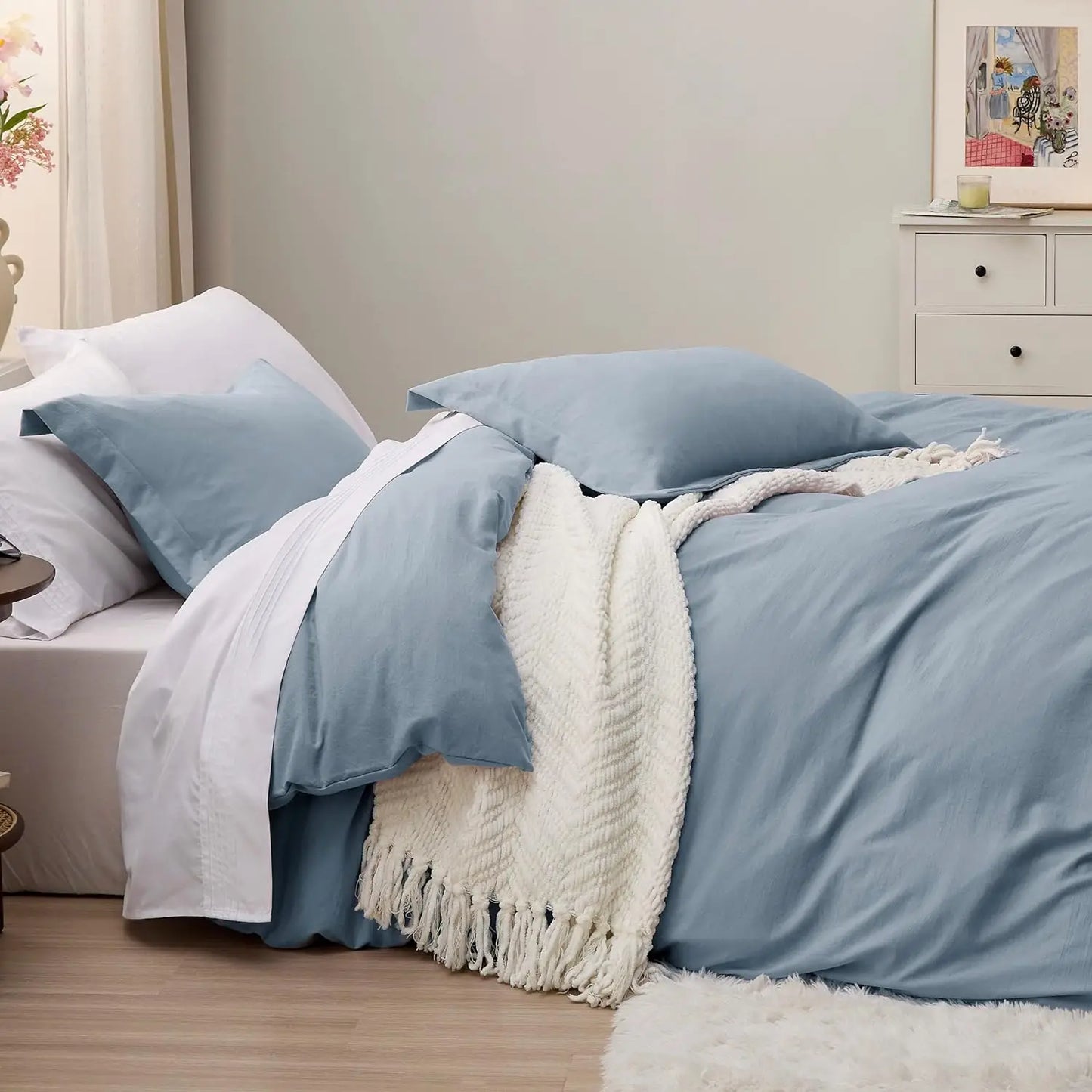Mineral Blue Duvet Cover Queen Size - Soft Prewashed Set, 3 Pieces, 1 Duvet Cover 90x90 Inches with Zipper Closure and 2