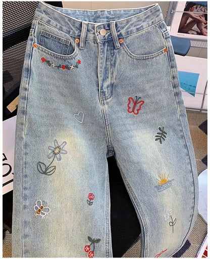 Vintage Embroidered Jeans Trousers For Women Summer 2025 New Korean Fashion High Waist Straight Retro Casual Denim Pants