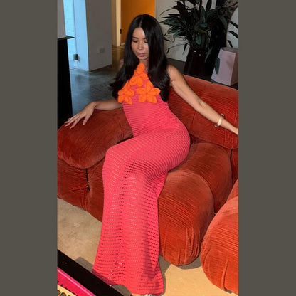 Sexy Crochet Hollow Out Long Halter Dress Women 3D Flower Backless Sleeveless Beach Dresses 2025 Summer Lady Vacation Robes New
