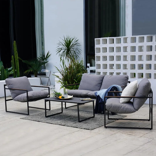 4-Piece Outdoor Furniture Set, Patio Outdoor Sofa with Cushion, Modern Metal Couch with Coffee Table