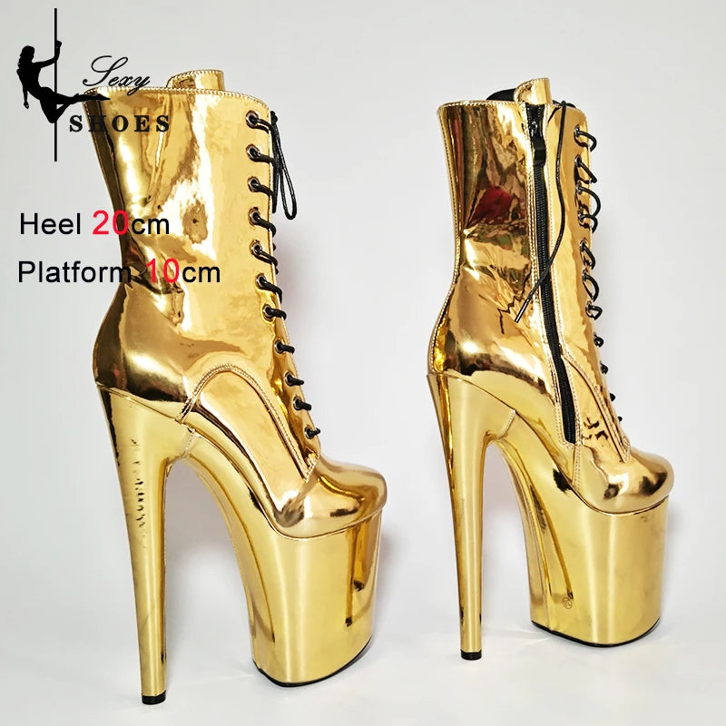 New Gold Shoes for Women 2025 Platform Heels Pole Dance Stripper 20cm/8Inch Sexy Ankle Boots Round ToeThin Heels Ladies Shoes