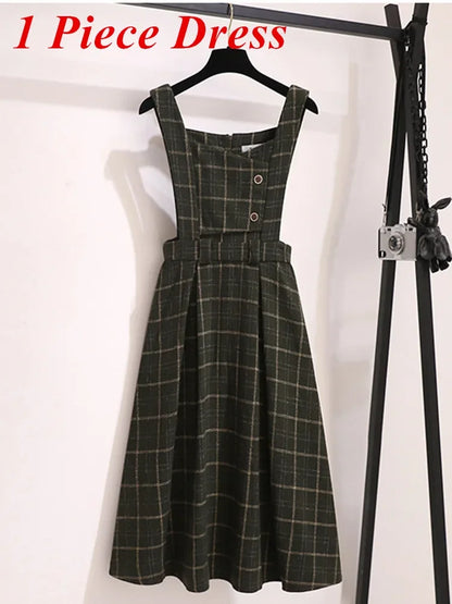 High Quality Fall Winter Women Sweater Overalls Dress Sets Casual Knitted Tops +Plaid Woolen Dress 2 Piece Sets Outfits Female