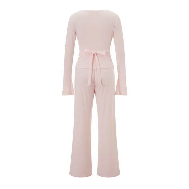 Women Fashion Lounge Set Vintage 2 Piece Outfit V Neck Waist Tie T-shirt + Elastic Waist Pants Autumn Long Sleeve Crop Tops