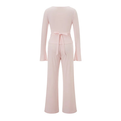 Women Fashion Lounge Set Vintage 2 Piece Outfit V Neck Waist Tie T-shirt + Elastic Waist Pants Autumn Long Sleeve Crop Tops