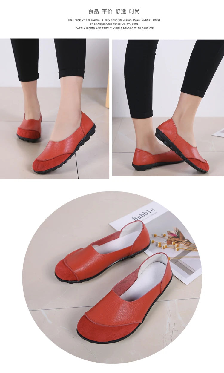 Women's shoes casual flat walking low heel loafers leather solid color large size casual single shoe work shoes44