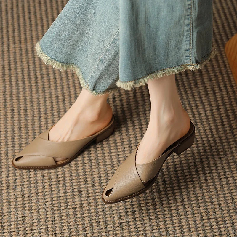 2024 Summer Slippers Women Genuine Leather Shoes for Women Pointed Toe Low Heel Mules Elegant Sandals Women Slides Ladies Shoes
