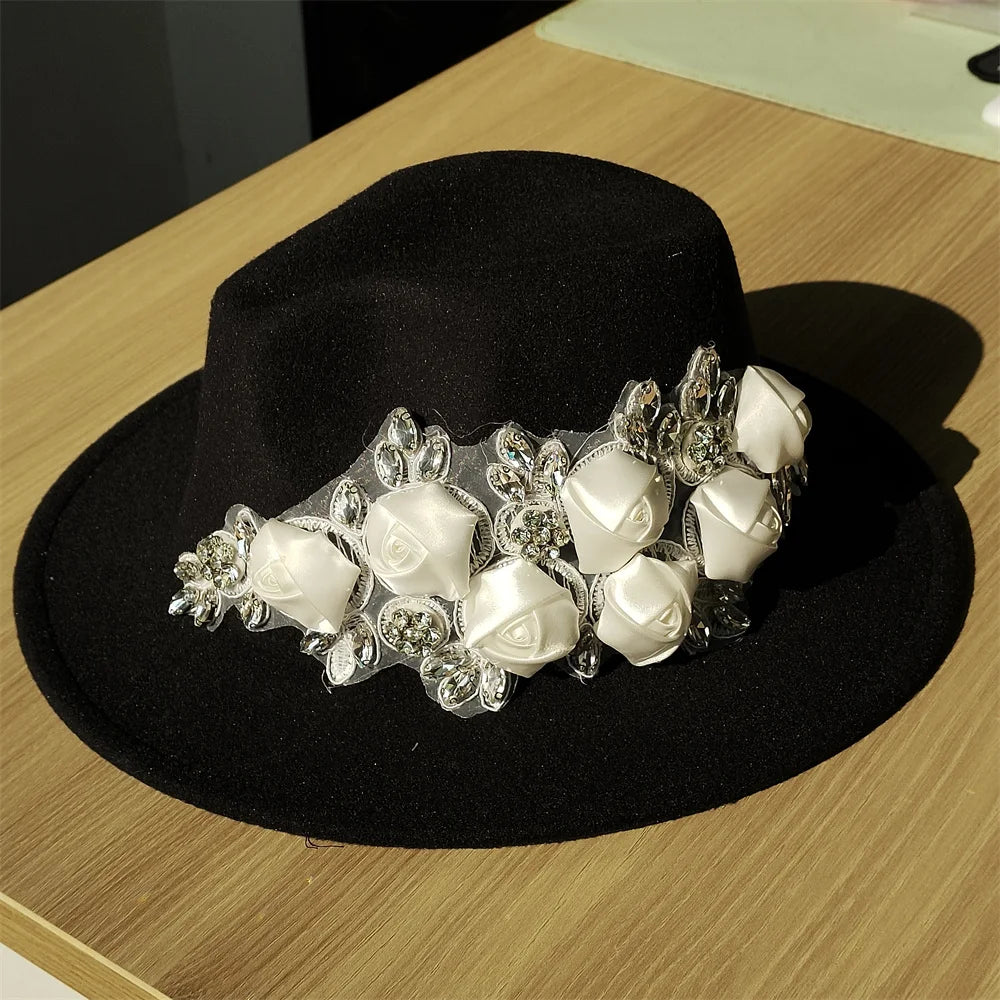 Embroidered three-dimensional flower fedora hat Women's jazz top hat Spring and autumn panama church fashion elegant wedding Hat