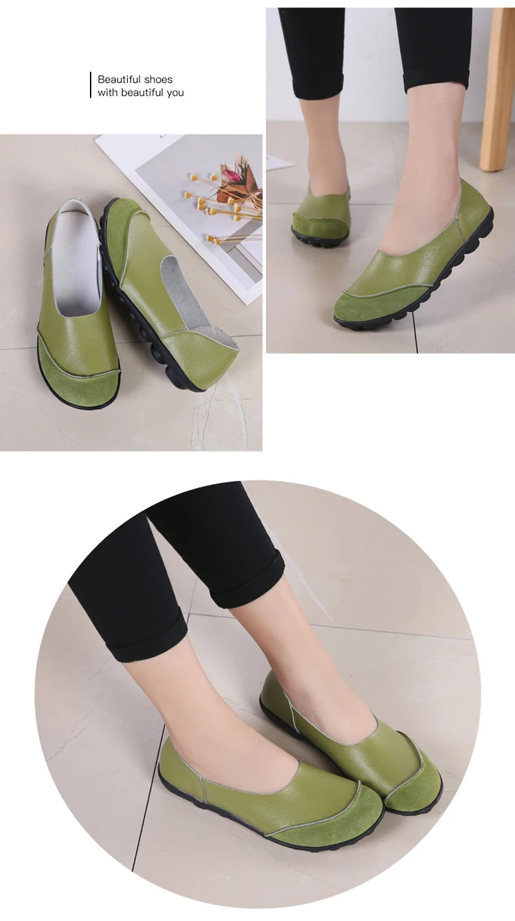 Women's shoes casual flat walking low heel loafers leather solid color large size casual single shoe work shoes44