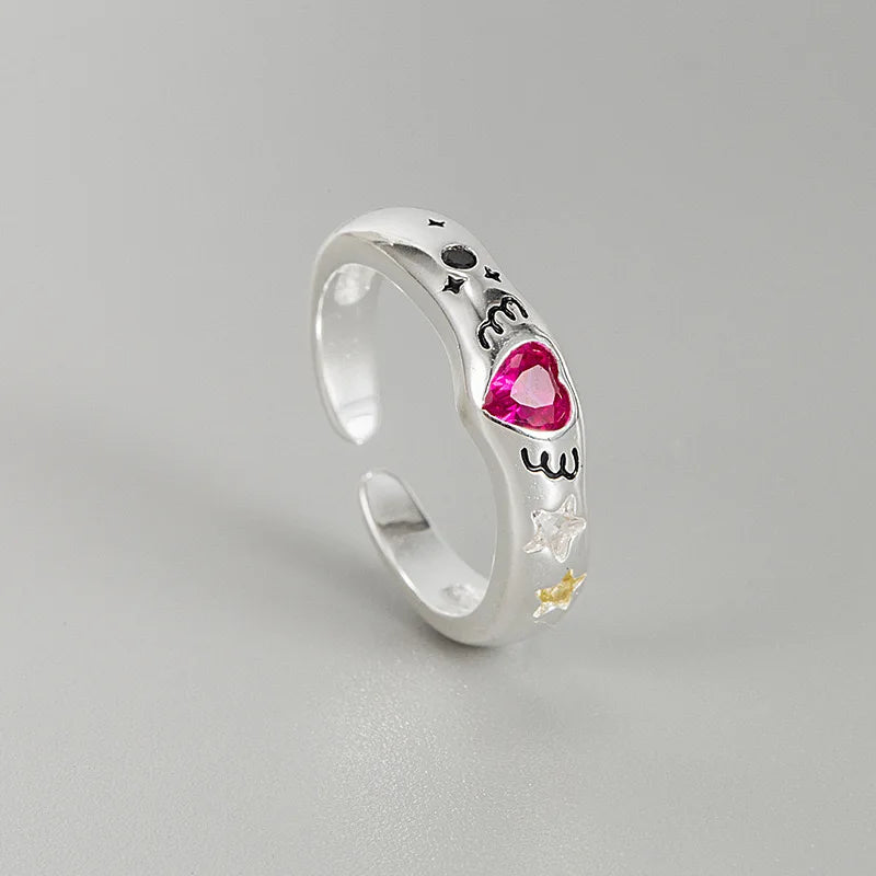 BF CLUB Silver Color Rings for Women Fashion Geometric Handmade Irregular Red Heart Ring Party Christmas Gift