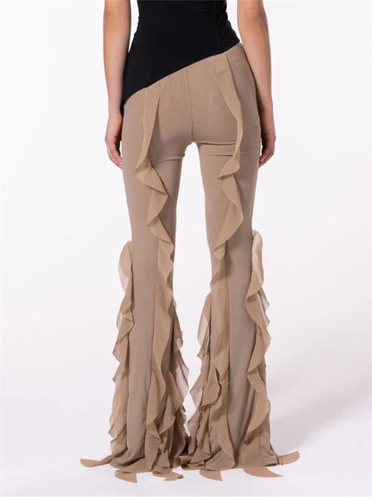 CHRONSTYLE Fashion Women Ruffles Long Flare Pants Solid Color Low Waist Stretch Bell-Bottom Summer Fall Trousers Streetwear 2024