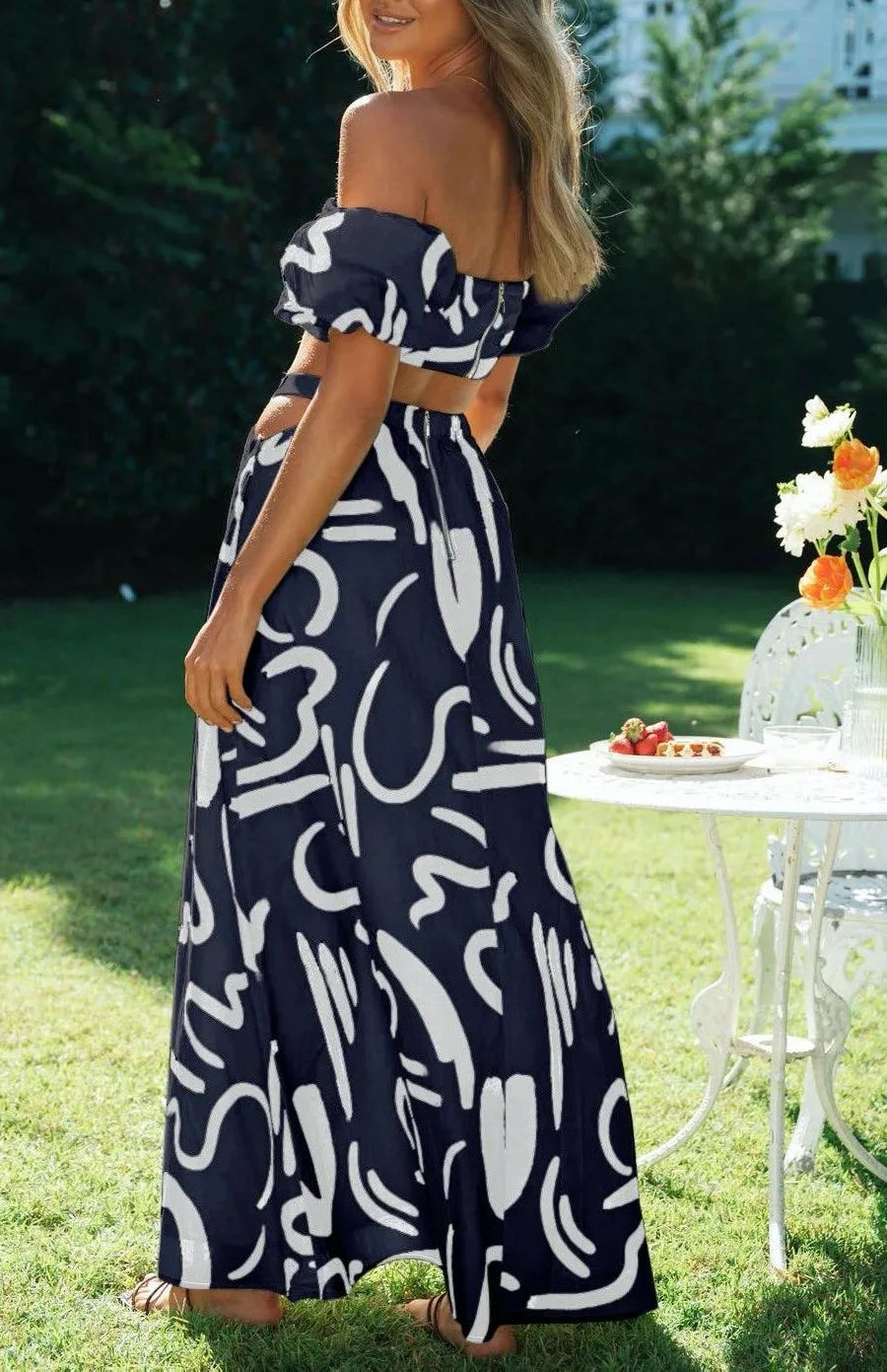 Two Piece Sets Fashion New Print Solid Color Puff Sleeve Zipper Breast Wrap Crop Top & Hollow Out Waist Big Hem Dress Suits Lady