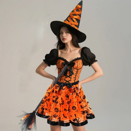 Halloween Adults Women Bat Pumpkin Witch Costume Set Tulle Skirt Hat Broom Skirt 3pcs/set,for Halloween Carnival Party Cosplay