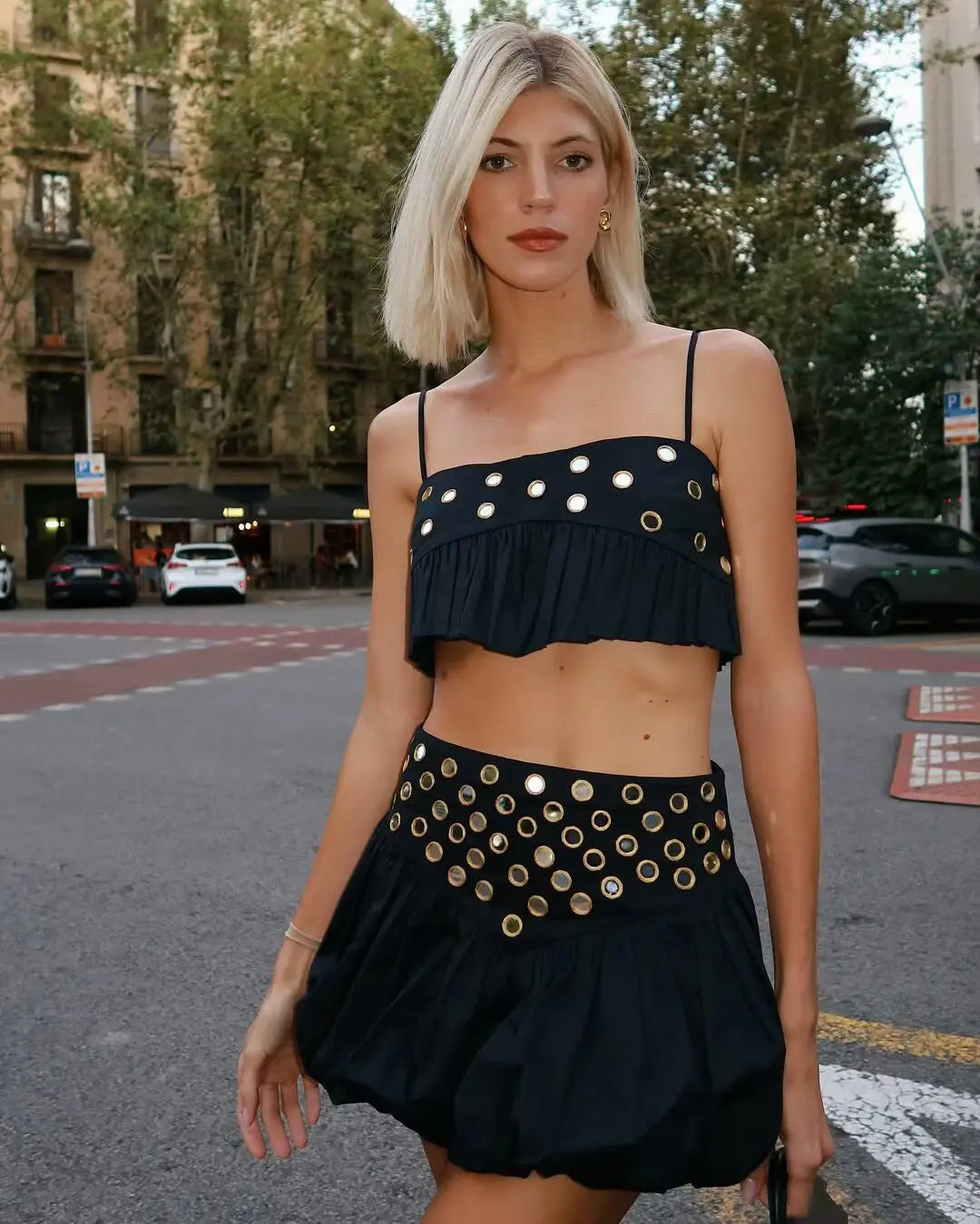 Women's Metal Hollow Pleated Suspender Skirt Two Piece Set Sexy Sleeveless Vest High Waist Mini Skirt Lady Vacation Dress Sets