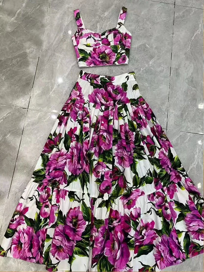 Elegant flower print sexy short tube top suspender top high waist big swing A-shaped skirt summer new two-piece women's suit