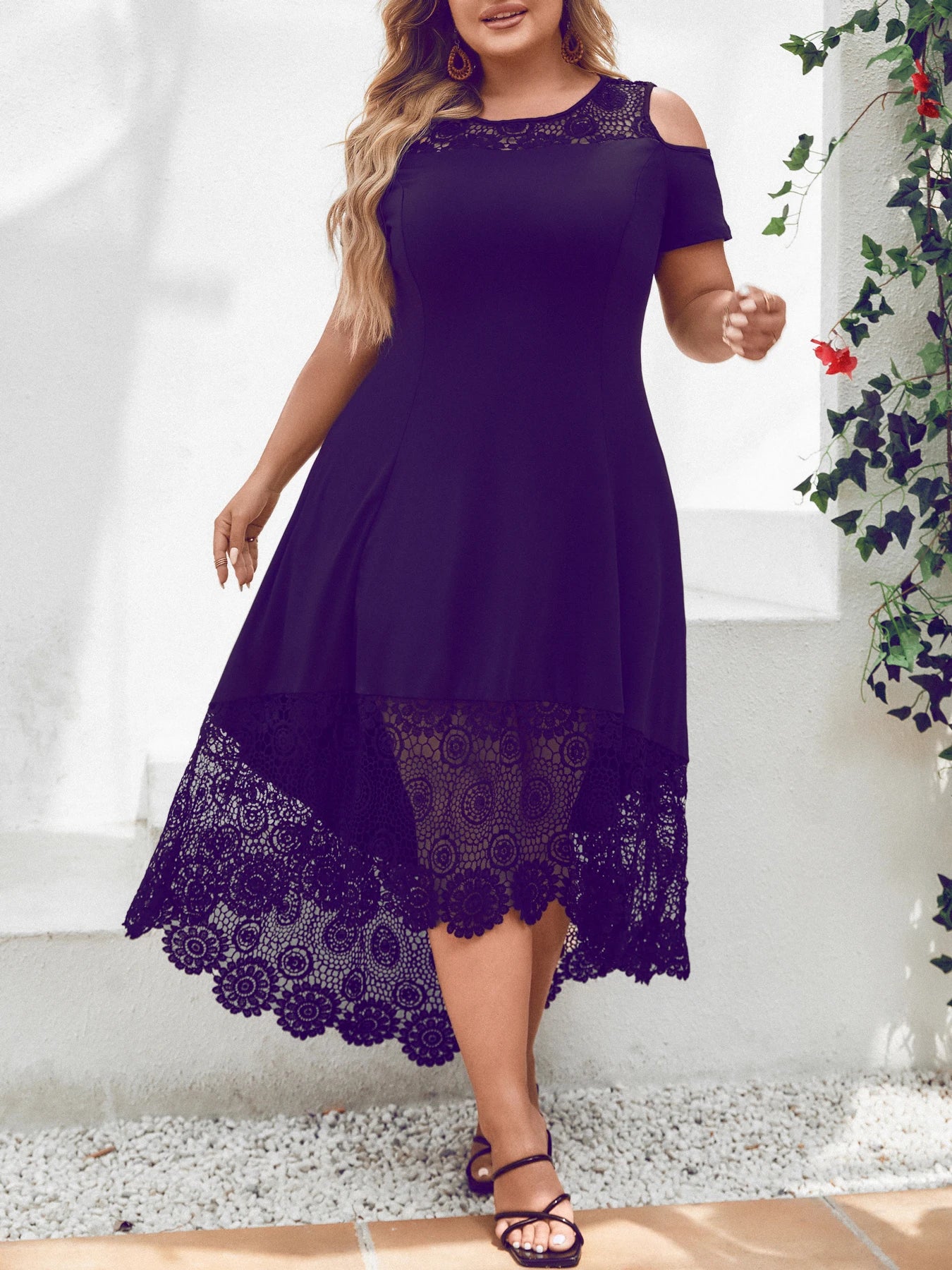 Plus Size Women' Solid Elegant Lace Spliced Cold Shoulder Midi Dress Summer Ladies Banquet Party Cocktail Sundress Size 0XL-5XL