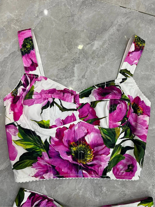 Elegant flower print sexy short tube top suspender top high waist big swing A-shaped skirt summer new two-piece women's suit