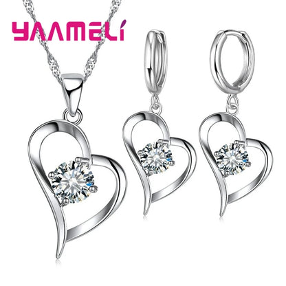 925 Sterling Silver Color Wedding Jewelry Sets for Women Love Heart Hollow Pendants Necklaces Earrings Clear Austrian Crystal