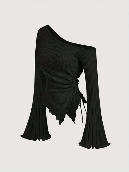 European and American Spring, Summer and Autumn Pure Color Casual Off-Shoulder T-Shirt