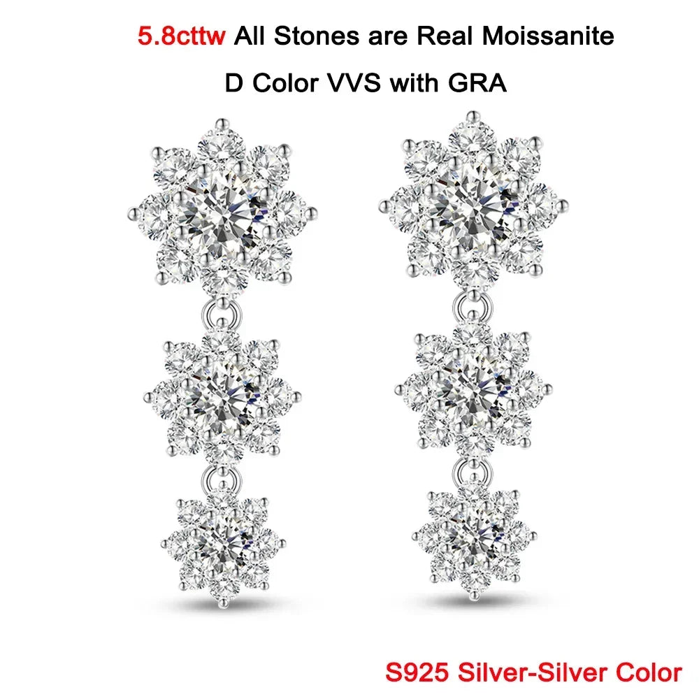 5.8cttw Full Sunflower Moissanite Drop Earrings for Women S925 Sterling Silver D Color Round Cut Diamond Earring Wedding Jewely