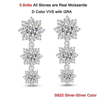 5.8cttw Full Sunflower Moissanite Drop Earrings for Women S925 Sterling Silver D Color Round Cut Diamond Earring Wedding Jewely