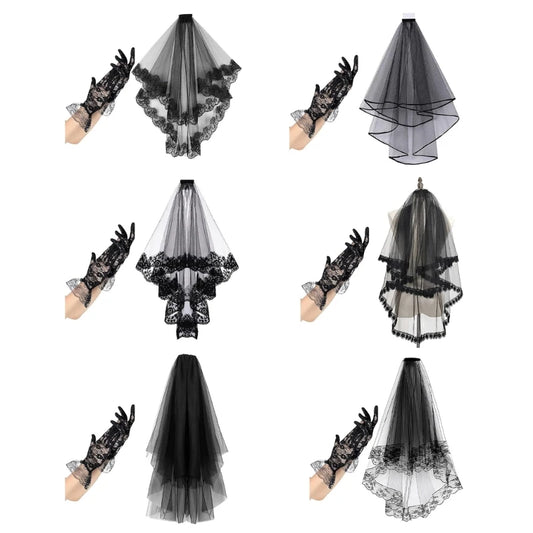 Elegant black lace veil and gloves set featuring intricate lace detailing for a gothic look