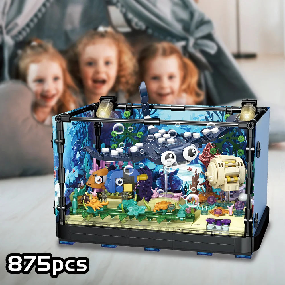 Fish Tank Block Set with Lights, Aquarium, Marine Life, Shark Eco Tank, Block Playset for Kids 6+ Years, Gift for Ocean Lovers