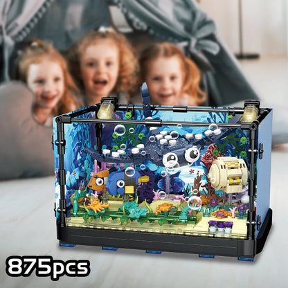Fish Tank Block Set with Lights, Aquarium, Marine Life, Shark Eco Tank, Block Playset for Kids 6+ Years, Gift for Ocean Lovers