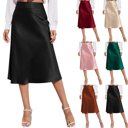Spring Solid Satin Silk Skirt Women High Waisted Summer Long Skirt New 2024 Elegant Ladies Office A Line Midi Skirts Jupes юбка