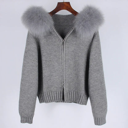 OFTBUY Real Fox Fur Kintwear Women 2025 New Spring Autumn Hooded Sweater Female Loose Zipper Kintted Jacket Oversized Cardigan