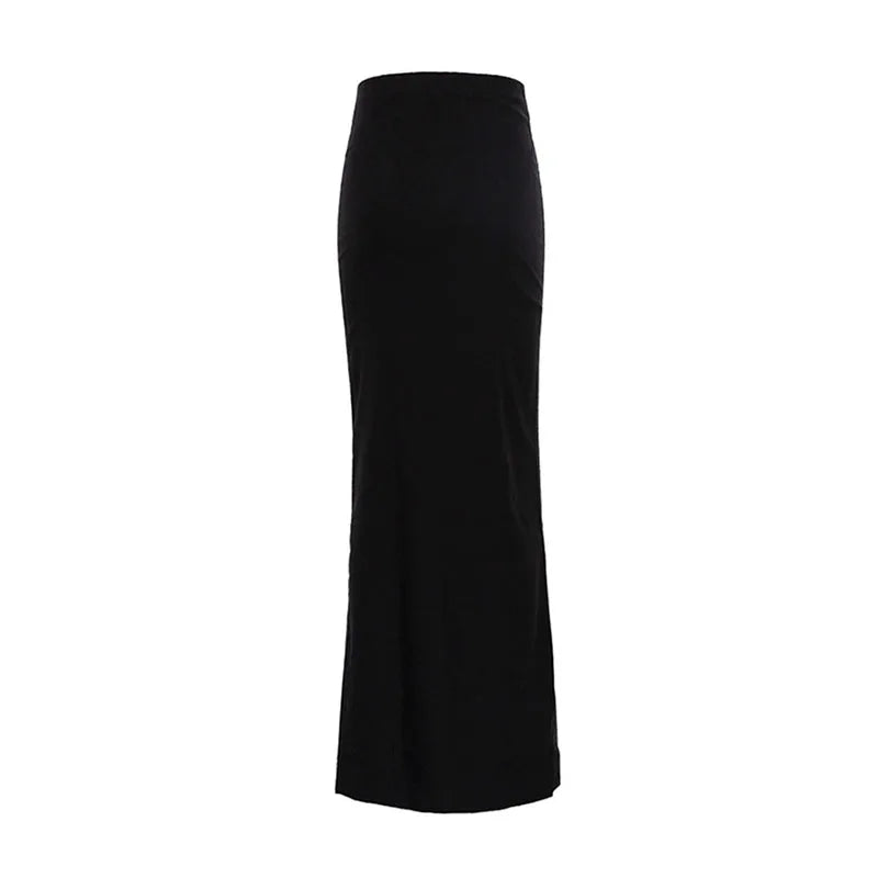Elegant black high waist maxi skirt designed for a flattering silhouette and versatile styling options