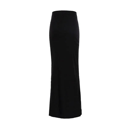 Elegant black high waist maxi skirt designed for a flattering silhouette and versatile styling options