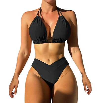 Bathing Suit Tank Bikinis Sets Swimwear 2023 Women Mid Waist Deep V Neck Wide Straps Bikini Summer Beach Wear Swimming купальник
