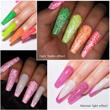 MEET ACROSS 7ml Pink Fluorescent Reflective Gel Nail Polish Glitter Neon Semi Permanent UV LED Gel Nail Art Varnish Manicure