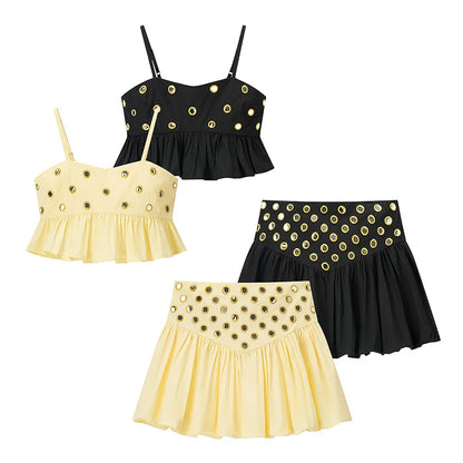 Women's Metal Hollow Pleated Suspender Skirt Two Piece Set Sexy Sleeveless Vest High Waist Mini Skirt Lady Vacation Dress Sets