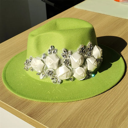 Embroidered three-dimensional flower fedora hat Women's jazz top hat Spring and autumn panama church fashion elegant wedding Hat