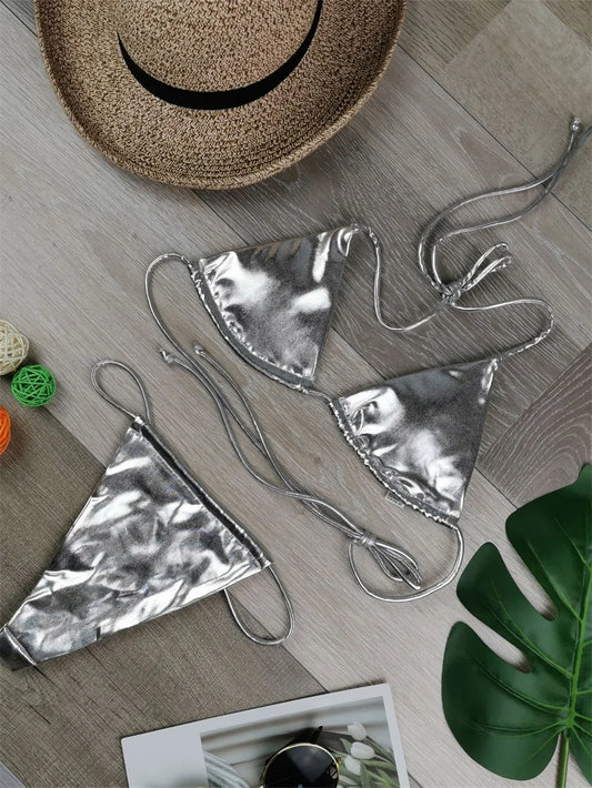 Sexy String Bikini Triangle Swimsuit Goth Silver Y2K Swimwear Women Backless Bathing Suit Micro Extreme Tanga mujer Beach Outfit