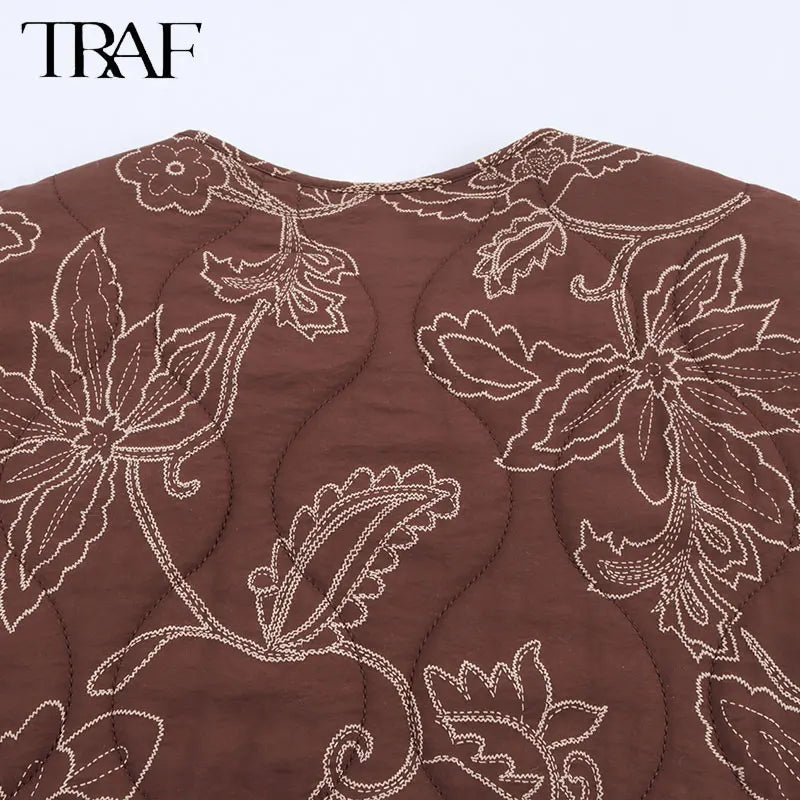 TRAF Early Autumn New Women's Elegant Printed Quilted Coat Women's Single Breasted Coat Women's Retro Street Clothing Jacket