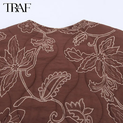 TRAF Early Autumn New Women's Elegant Printed Quilted Coat Women's Single Breasted Coat Women's Retro Street Clothing Jacket