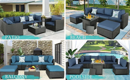 Qoutdoor PE wicker patio furniture rattan sectional loveseat couch set conversation sofa with storage box for balcony lawn a