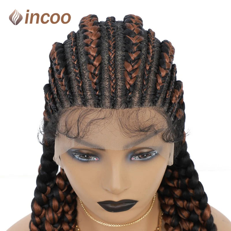36 Inches Cornrows Braided Wigs Synthetic Full Lace Wig For Black Women Jumbo Braided Wigs Lace Frontal Faux Locs Box Braids Wig