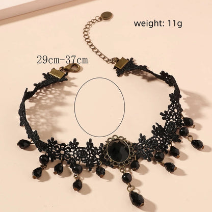 Vintage Classic Gothic Black Lace Choker Necklace with Imitation Crystal Pendant Charm for Women Boho Style Christmas Gift