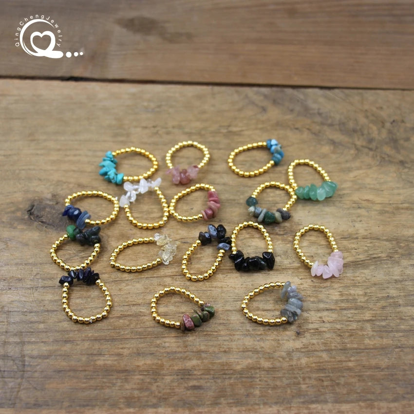 Healing Crystal Chip Stackable Rings Golds Brass Round Beads Natural Stone Gravel Stretchy Ring Fashion Women Jewelry,QC4218