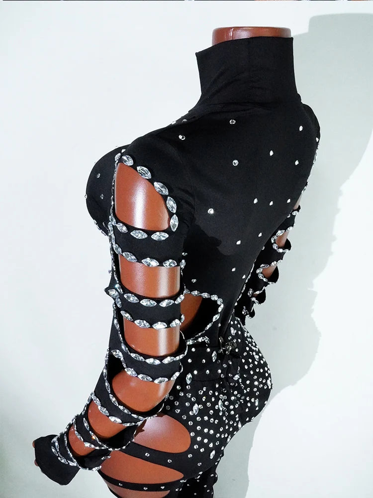 rhinestHollow Out Sexy Black Women Bodysuit pants Sets Long Sleeve Turtleneck Bodysuits Clubwear Costumes Stars Hot Singer Stage