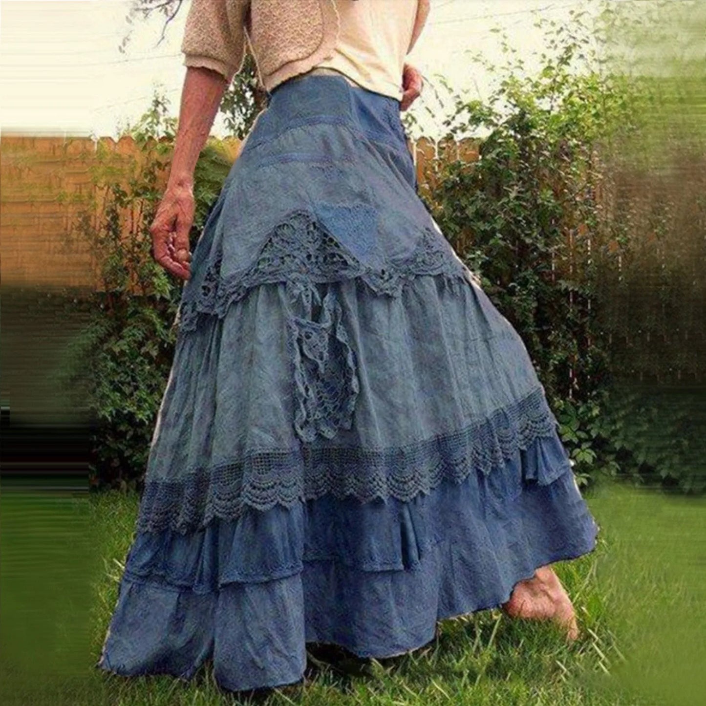 2025 Summer Long Skirt Ladies Boho Tiered Lace Maxi Skirts For Women Vintage A-Line Large Hem Skirts Faldas Para Mujeres