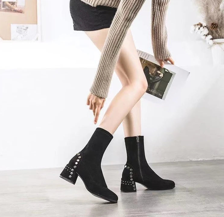 Mid Calf Round Toe Black Shoes For Women Ladies Boots Biker Footwear Studded Half High Gothic Hot Stylish And Low Price Pu