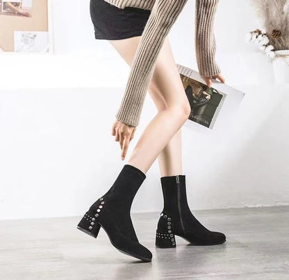 Mid Calf Round Toe Black Shoes For Women Ladies Boots Biker Footwear Studded Half High Gothic Hot Stylish And Low Price Pu